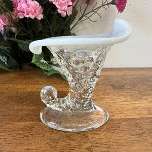 Opalescent Hobnail Cornucopia Vase Clear and White Art Glass Wedding Centrepiece